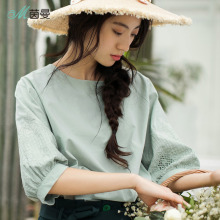 茵曼旗舰店2018春装新款白衬衫女文艺森女灯笼袖宽松套头衬衣上衣图片