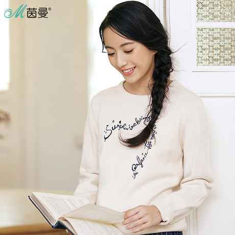 茵曼2017冬新款文艺绣花长袖套头毛衣女宽松圆领毛衫1874132529商品大图