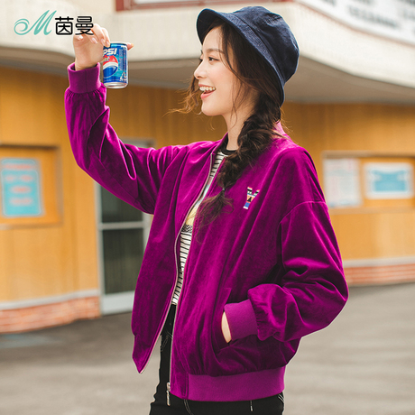茵曼2018秋装新款立领绣花宽松短款绒面棒球服女chic早秋外套慵懒商品大图