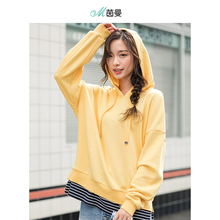 茵曼旗舰店2018秋装新款女装运动假两件长袖连帽衫卫衣套头慵懒风图片