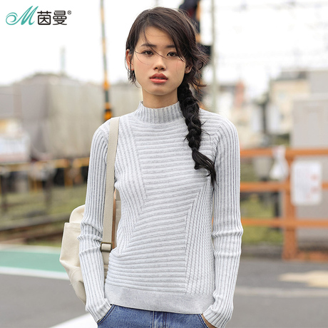 茵曼2017秋装新款半高领净色坑条显瘦毛衣打底衫女1873132358商品大图