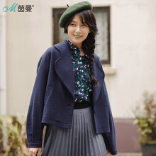 茵曼旗舰店女装2017秋冬新款大翻领落肩收拢袖短款毛呢西装外套女图片