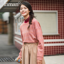 茵曼2018冬装新款复古格纹撞色半高领落肩慵懒卫衣女1884082454图片