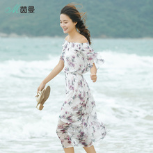茵曼旗舰店2018夏装新款一字领橡筋收腰荷叶袖碎花连衣裙女雪纺裙图片