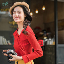 茵曼旗舰店2018秋装新款女装深V领绑带上衣套头毛衣长袖毛针织衫图片