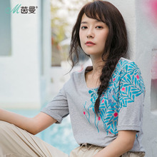 茵曼短袖t恤2018夏季新款纯棉圆领文艺范植物印花基础款百搭上衣图片