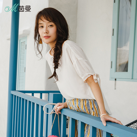 茵曼旗舰店2018夏装新款粘纤绣花船领系带袖口宽松衬衣女白色上衣商品大图