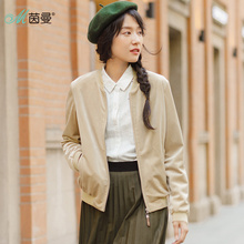 茵曼2018春秋新款文艺立领休闲短外套女卡其色夹克长袖棒球服外图片