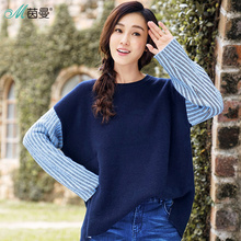 茵曼旗舰店2018秋装新款套头圆领撞布落肩袖O型针织衫女打底毛衣图片