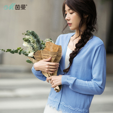 茵曼2018春新款V领蕾丝花边长袖开衫毛衣女短款薄款小外套韩版商品大图