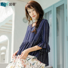 茵曼2018新款夏装纽扣V领条纹宽松喇叭袖五分袖娃娃装衬衫女上衣图片