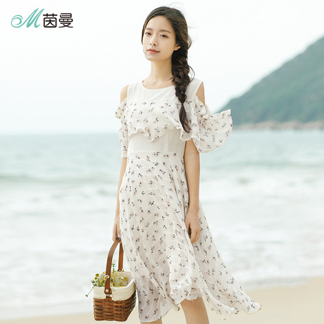 茵曼2018夏装新款圆领碎花不规则下摆短袖连衣裙女F1882102085商品大图