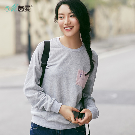 茵曼2017冬装新款套头圆领落肩袖贴布绣休闲卫衣女TJR17D080商品大图