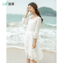 茵曼旗舰店女装2018夏装新纯色气质淑女苎麻气质连衣裙女裙子图片