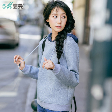 茵曼旗舰店女装2017冬装新款文艺撞色连帽休闲纯色套头卫衣女上衣商品大图