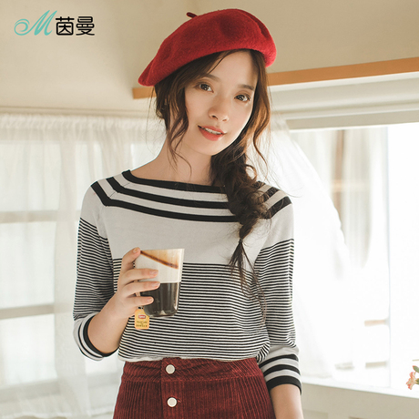 茵曼旗舰店2018秋装新款船领条纹插肩休闲百搭套头针织衫女毛衣商品大图