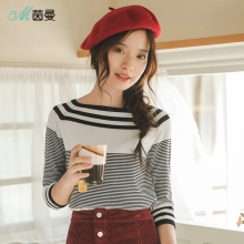 茵曼旗舰店2018秋装新款船领条纹插肩休闲百搭套头针织衫女毛衣图片