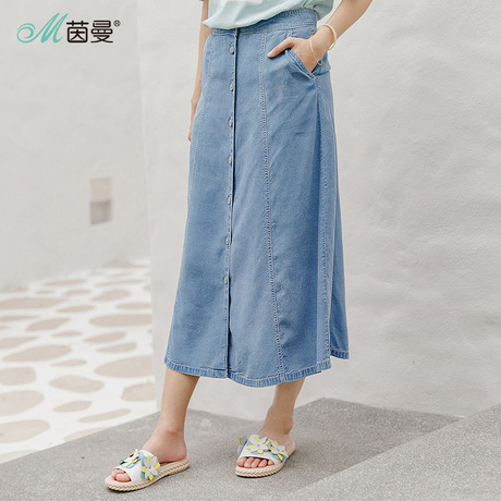 茵曼夏高腰A摆宽松百搭过膝纽扣牛仔裙半身裙女中长裙1882110189商品大图