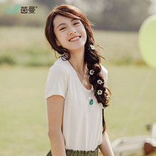 茵曼2018夏装新款U领百搭小清新印花显瘦短袖文艺T恤短款白色上衣图片
