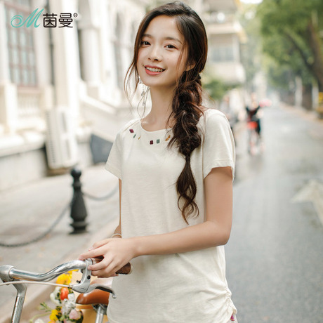 茵曼旗舰店2018新款夏百搭文艺范刺绣一字领T恤宽松显瘦女士上衣商品大图