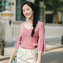 茵曼旗舰店2018秋装新款波浪V领镂空喇叭袖文艺套头针织衫女上衣图片