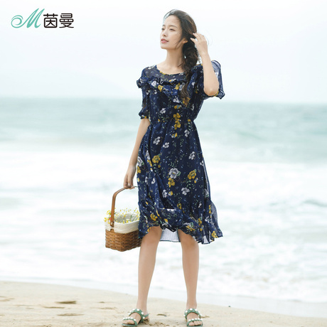 茵曼2018夏装新款雪纺碎花圆领橡筋收腰短袖连衣裙女F1882102951商品大图