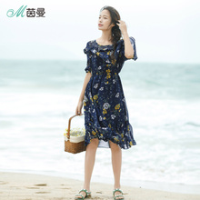 茵曼2018夏装新款雪纺碎花圆领橡筋收腰短袖连衣裙女F1882102951图片