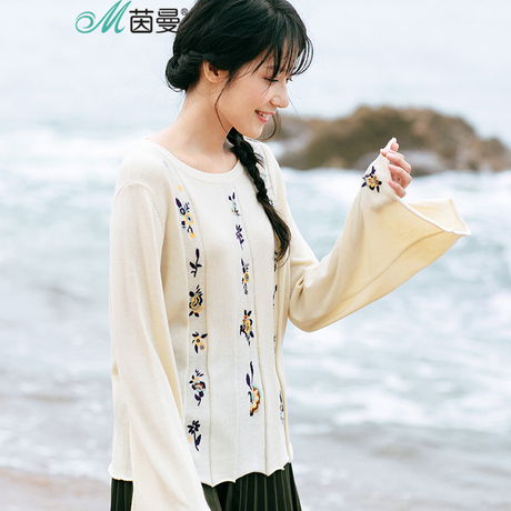 茵曼秋新款圆领喇叭长袖文艺百搭套头针织衫女宽松1873132319商品大图