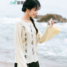 茵曼秋新款圆领喇叭长袖文艺百搭套头针织衫女宽松1873132319图片