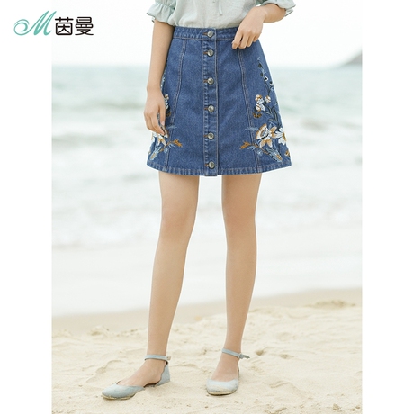 茵曼旗舰店2018夏装新款百搭纽扣绣花牛仔蓝半身裙女士百搭短裙商品大图