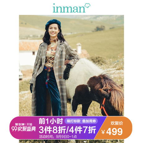 茵曼2018秋装新款翻领配腰带复古格纹长款风衣外套女1883061165商品大图