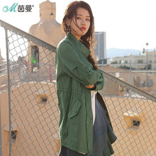 茵曼旗舰店女装2018春装新款纯棉立领腰节抽绳休闲百搭风衣外套女图片