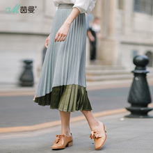 茵曼旗舰店百褶裙女裙中长裙2018夏装新款橡筋腰拼接半身裙长裙子图片