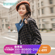 茵曼2018秋装新款复古文艺撞色格子双层翻领假两件外套女短款宽松图片