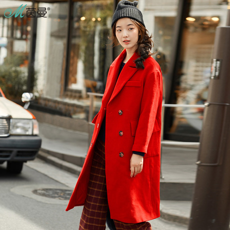 茵曼2017冬装新款双排扣保暖红色毛呢外套女中长款大衣1874321569商品大图