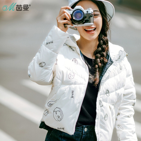茵曼女装冬装新款文艺范印花连帽羽绒服女短款外套1864122194商品大图
