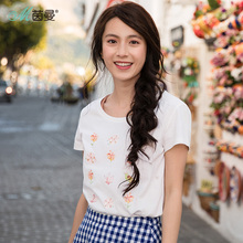 茵曼2018夏装新款短袖T恤女纯棉圆领可爱印花百搭短款白色上衣潮图片