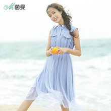 茵曼2018夏装新款小清新立领口袋橡筋收腰双层无袖网纱拼接连衣裙图片