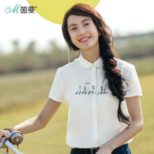茵曼2018新款夏装纯棉polo衫人物绣花文艺短袖衬衫衬衣小清新上衣图片