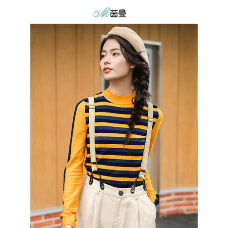 茵曼旗舰店2018新款半高领时尚修身条纹毛衣女套头早秋chic上衣女商品大图