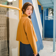 茵曼2018秋装新款斜纹棉纯色翻领落肩袖短款外套女1883042309图片