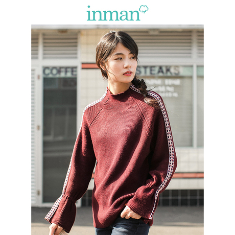 inman茵曼旗舰店高领喇叭袖宽松套头毛衣2018秋冬新款打底针织衫商品大图