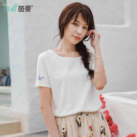 茵曼2018夏装新款纯棉百搭文艺范印花显瘦短袖T恤女宽松白色上衣商品大图