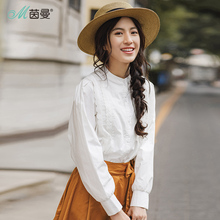 茵曼旗舰店2018春秋新款纯棉小立领花边文艺百搭衬衫女白色衬衣潮图片