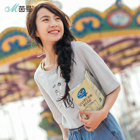 茵曼2018夏装新款简约大码宽松圆领细条纹印花百搭短袖T恤女上衣商品大图