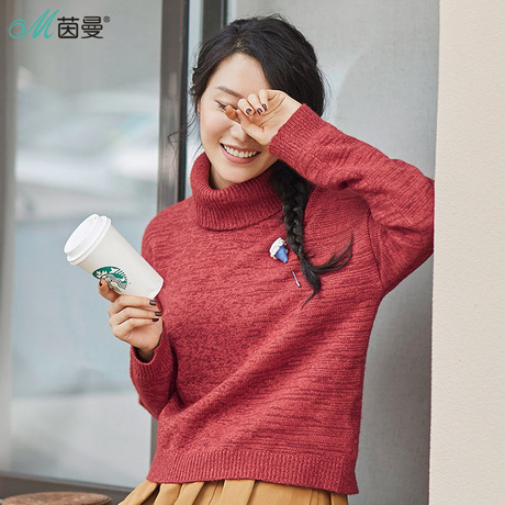 茵曼旗舰店女装2018春装新款文艺范小别针保暖宽松高领套头毛衣女商品大图
