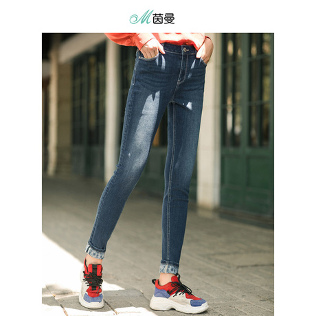 茵曼旗舰店微弹棉修身磨白猫须裤脚翻折牛仔裤女铅笔裤长裤潮商品大图