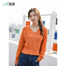 茵曼旗舰店V领短款套头毛衣女打底衫上衣2018秋装新款落肩针织衫图片