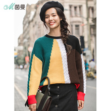 茵曼旗舰店 2018秋装新款女装文艺范圆领撞色套头毛衣女毛针织衫图片