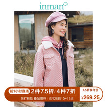 茵曼2018冬装新款翻领毛领格纹小香风短款棉衣外套女1884052347图片
